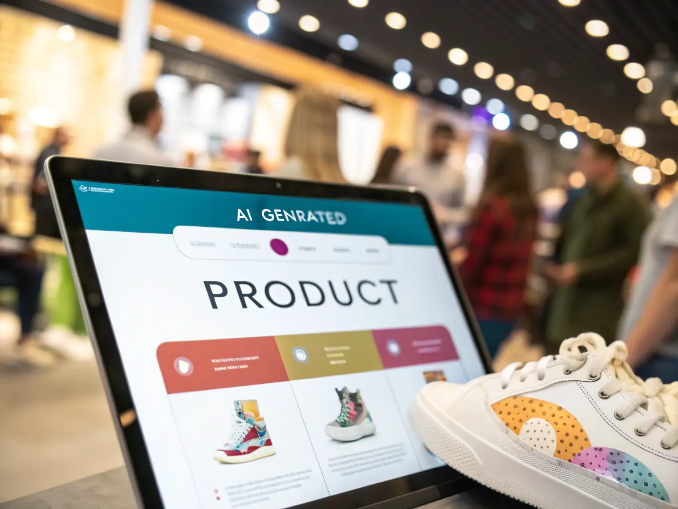 A visually striking AI-generated image of a product display, showcasing multiple items with consistent branding and high-quality aesthetics, emphasizing the cost-effectiveness of AI solutions.